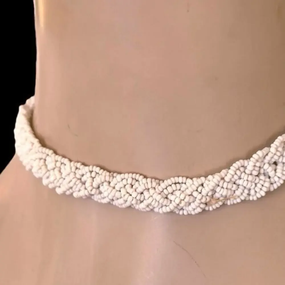 Vintage 1950’s White Milk Glass Micro Bead 6 Strand Adjustable Choker Necklace